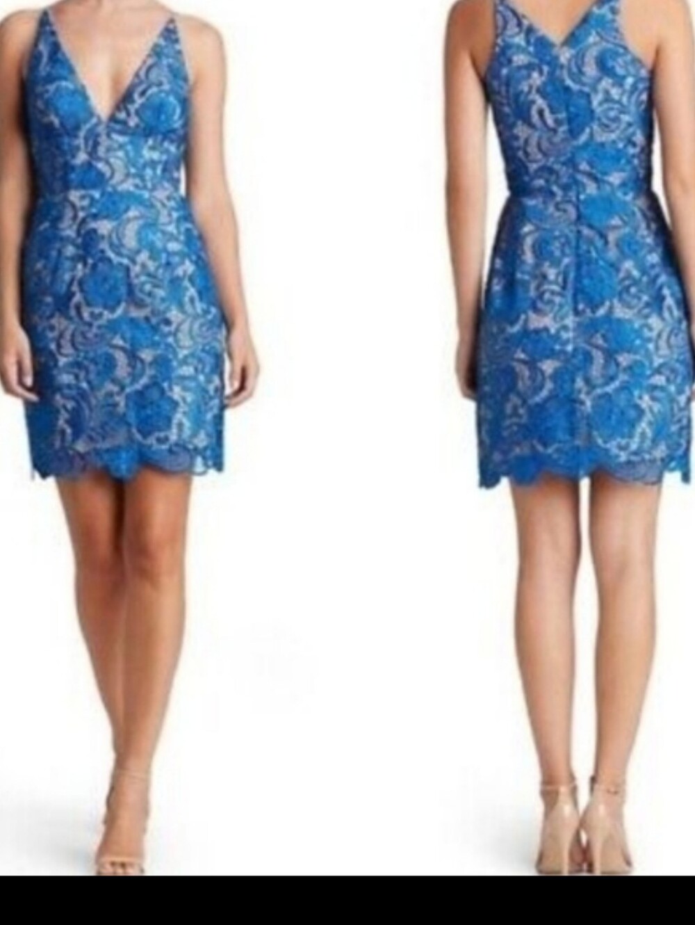 Blue and Gold Sleeveless V-Neck Sheath Dress